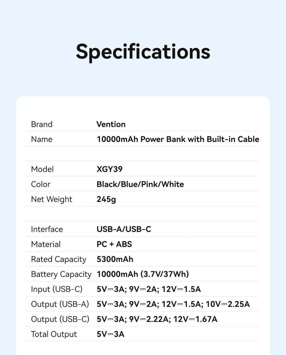 Vention CCC 22.5W 10000mAh Power Bank Portable Fast Charger for Xiaomi