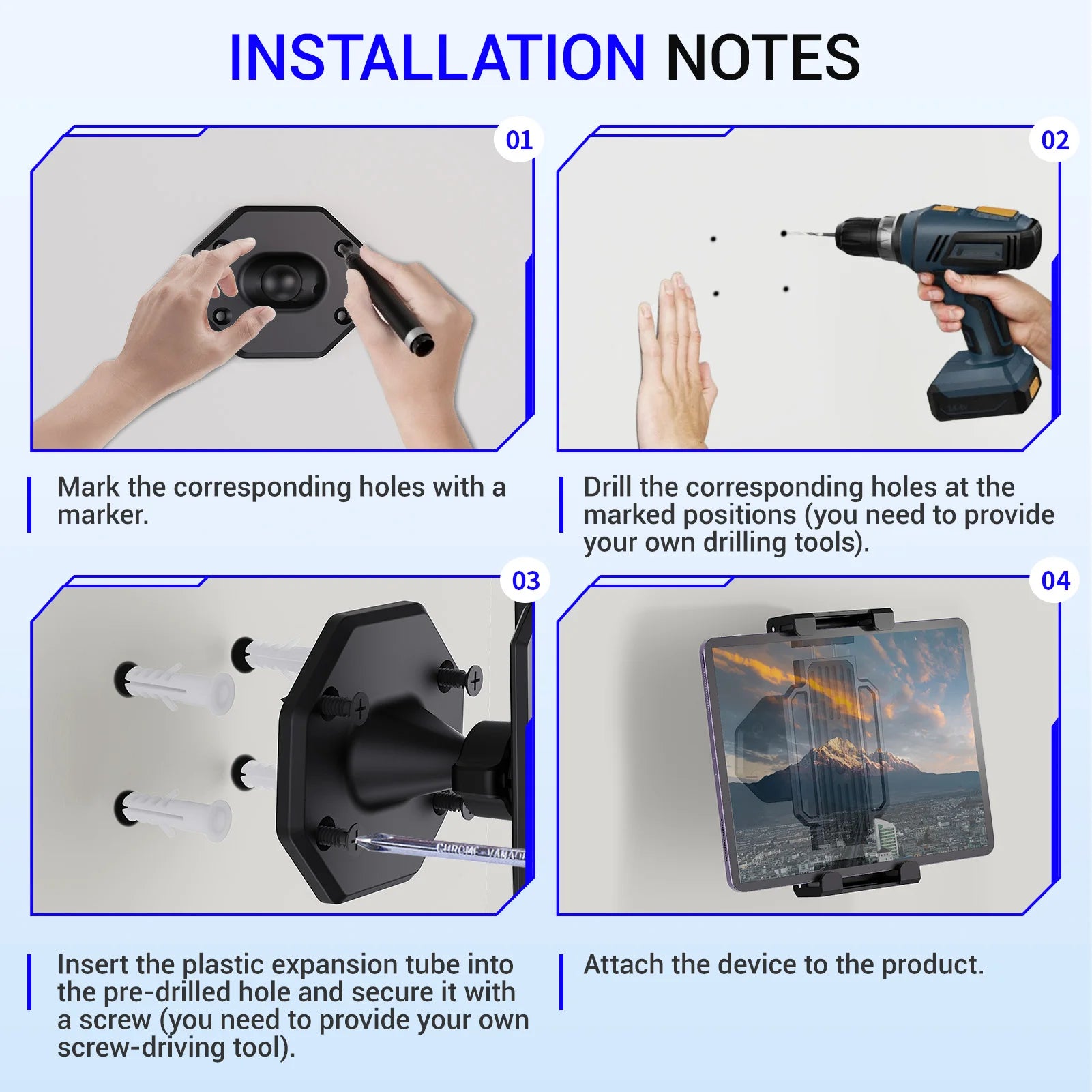 Tablet Wall Mount, 360° Rotation Tablet Holder Stand, Sturdy Base