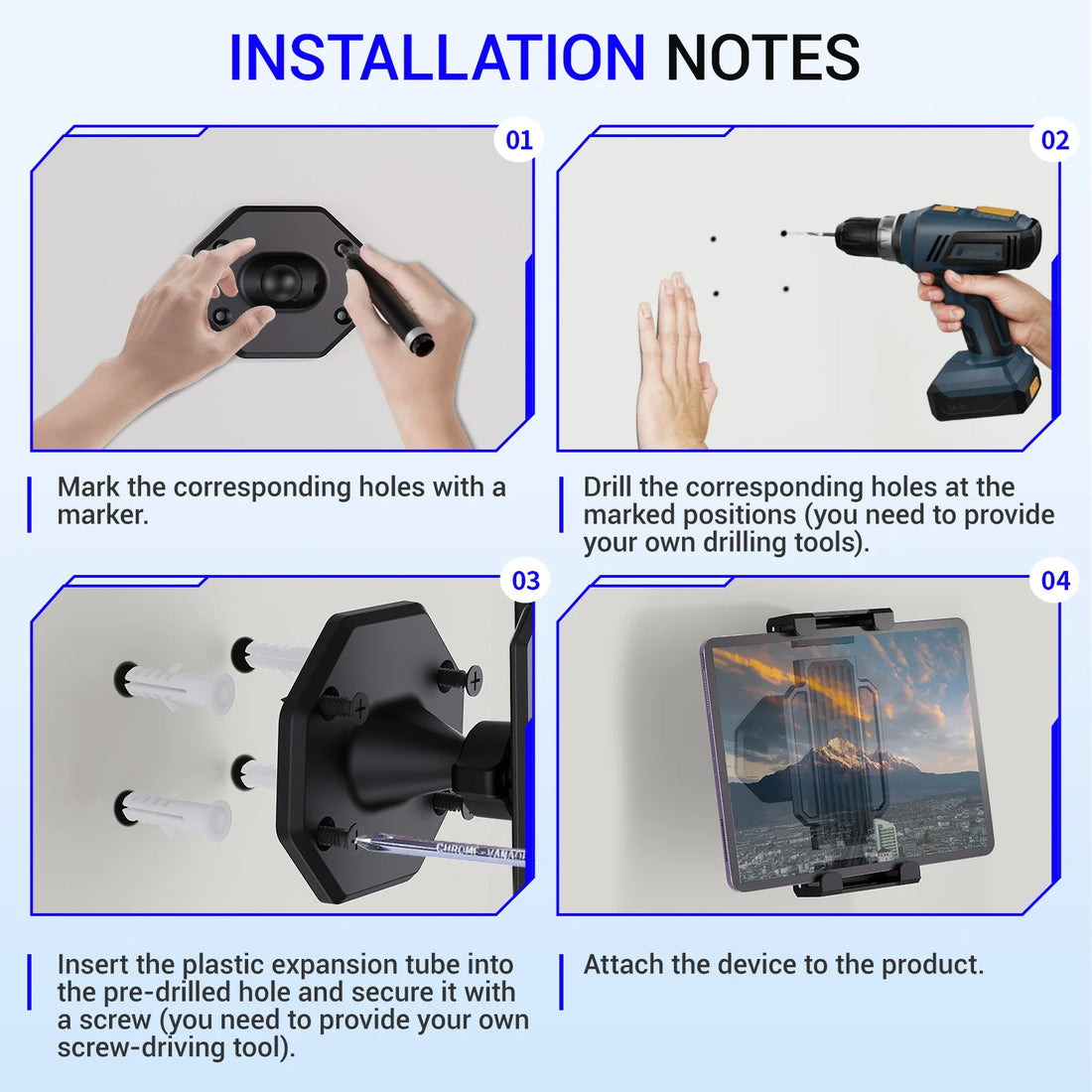 Tablet Wall Mount, 360° Rotation Tablet Holder Stand, Sturdy Base