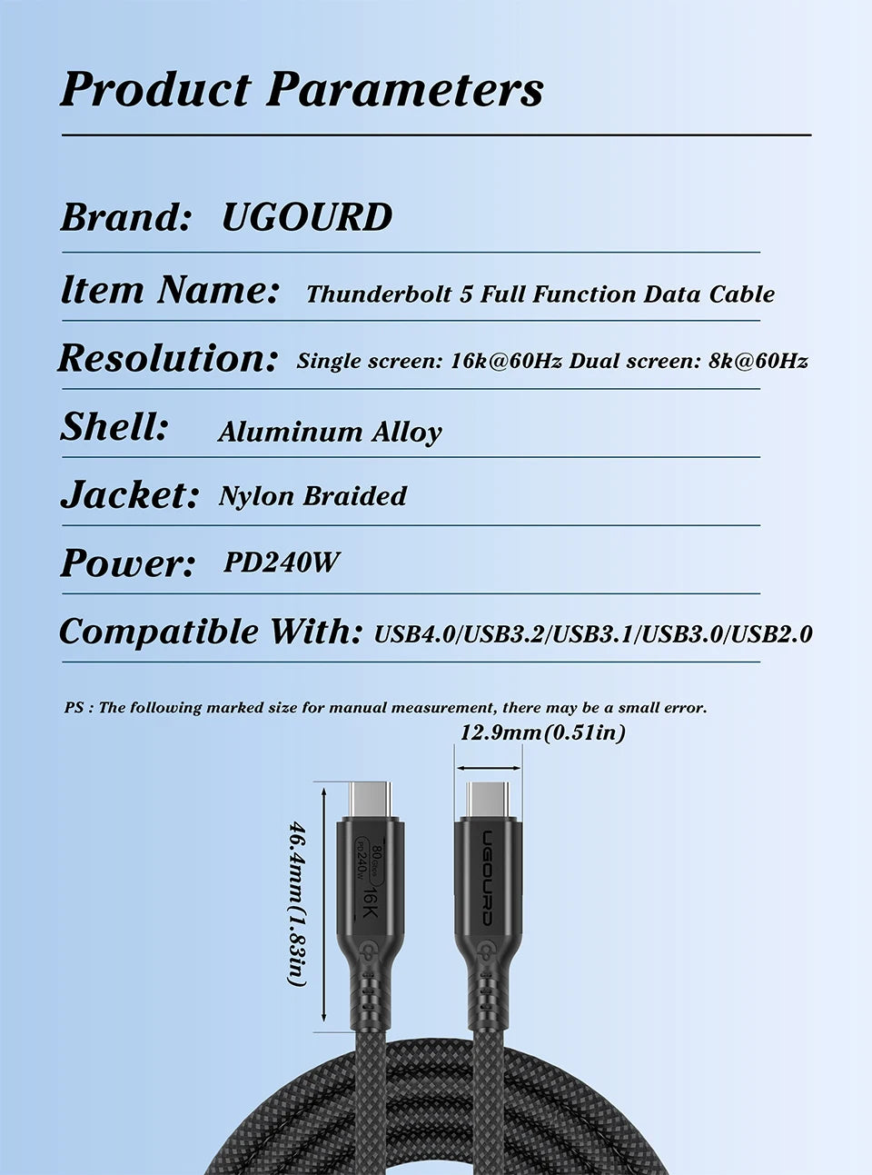 UGOURD Thunderbolt 5 Cable Type C 80Gbps USB4 Gen4 USB C to C 240W