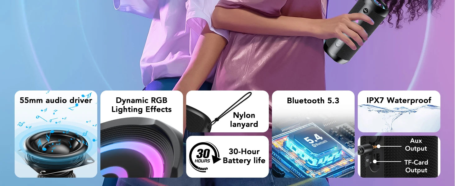 Portable Bluetooth Speaker, Bluetooth 5.4 Speaker, 30W Dual Speaker, Deep Bass