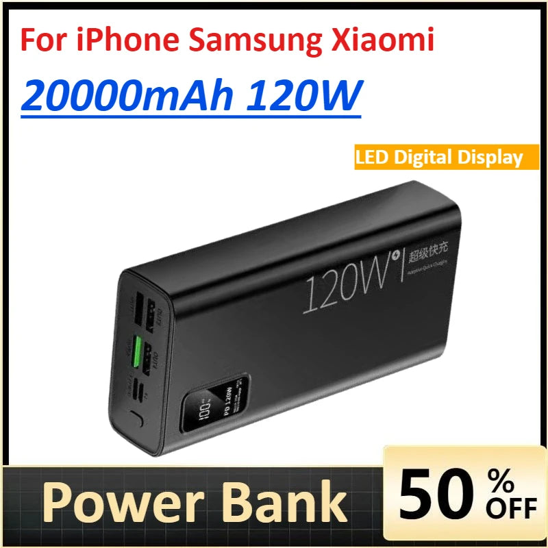 Large Capacity 20000mAh Power Bank 120W Fast Charger For iPhone Samsung
