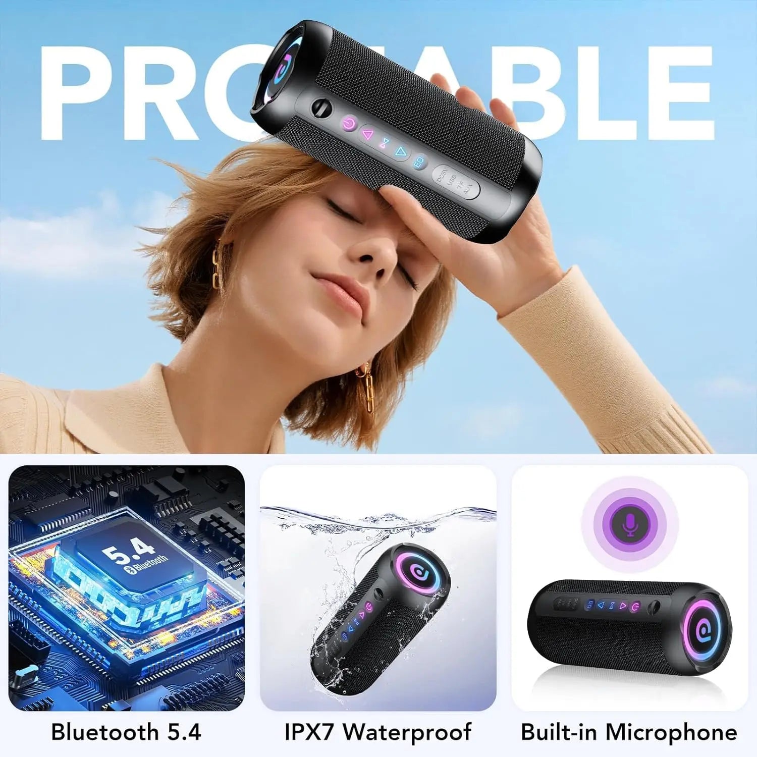 Portable Bluetooth Speaker, Bluetooth 5.4 Speaker, 30W Dual Speaker, Deep Bass